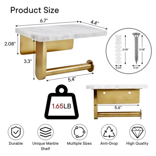 Toilet Paper Holder with Natural Marble Shelf for Bathroom Washroom,Wall Mounted Tissue Holder Suitable for Mega Roll (Brushed Gold, Small 6.7 * 4.3 in) - color: Brushed Gold, size: Small 6.7 * 4.3 in