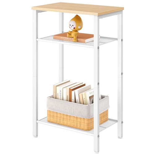 Hoctieon 3 Tier End Table, Telephone Table, Narrow Side Table with Storage, Nightstand for Small Spaces, Metal Frame, for Living Room, Bedroom, Sofa Couch, Hall, Easy Assembly, White and Yellow Oak - color: White+yellow Oak, size: 1 Pack