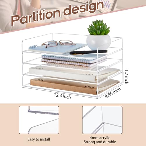 Harloon 4 Tier Paper Organizer Letter Tray Acrylic Desk File Organizer Heavy Duty Stackable Documents Clear Letter Paper Holder Sorter Office Tray for A4, Office Classroom Home File Pad Notebooks - color: Transparent, size: 12.4 x 8.9 x 1.7 Inches