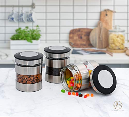Le'raze Quality Stainless Steel Canister Set of 3 for Kitchen Counter with Glass Window & Airtight Lid - Food Storage Containers with Lids Airtight - Pantry Storage and Organization Set