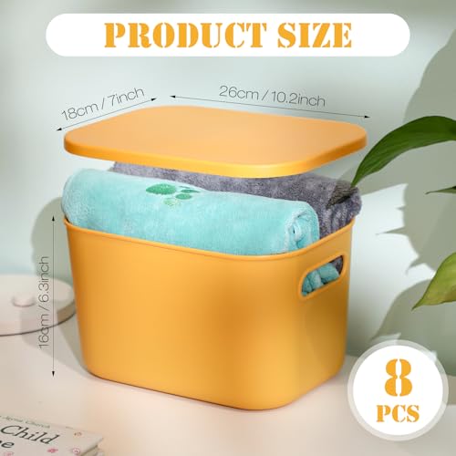 Hoolerry 8 Pieces Colorful Storage Bins with Lid, Plastic Storage Basket Organizing Container Stackable Box with Handle for Shelves Desktop Playroom Office(10.2 x 7 x 6.3 Inch,Yellow) - color: Yellow, size: 10.2 x 7 x 6.3 Inch