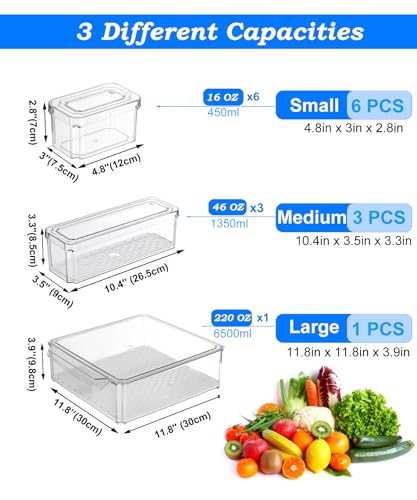 KUMD 10-Pack Clear Fridge Organizer Bins with Lids, Stackable Refrigerator Storage Containers, BPA-Free with Drain Tray & Anti-Slip Base for Fruits, Veggies, Drinks