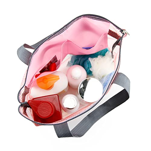 TOPASION Mesh Shower Caddy Bag Portable Hanging Toiletry and Bath Organizer with Zipper for Travel, Gym, Camping, College Dorms, Beach - color: Sky Blue&Pink