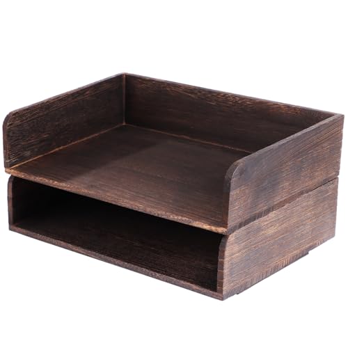 2 Pcs Stackable Desk Tray, Wood Document Organizer, Retro Brown Desktop Accessories with Open Front Design, Wooden Folder Organization Rack Desk Tray for Office, Home, 12.4 x 9.4 x 3.5 in