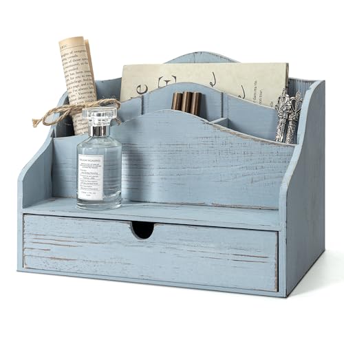 Rebee Vision Pine Wood Mail Organizer for Desk - Vintage Farmhouse Style Mail Organizer with Drawer & Dividers - 4-Slot Paper & Jewelry Sorter, Desktop Organizer for Exquisite Home Decor (Blue) - color: A-Blue