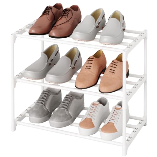 Small Stackable Shoe Rack,Narrow Kids Shoe Stand,Metal Shoe Storage Shelf for 6-8 Pairs ofShoes Entryway and Closet Hallway (3-Tier, White) - color: White, size: 3-Tier (no handle)