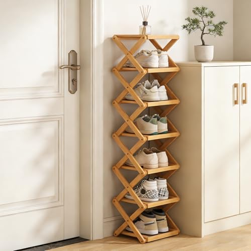 YYW Shoe Rack, Foldable Bamboo Shoes Shelf, Freestanding Shoe Storage Organiser for Entryway, Bedroom, Closet, Hallway - Functional, Natural Shoe Rack (Original, 7 Layers) - color: Original, size: 7 layers