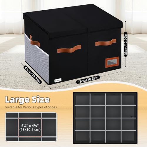 Supowin Shoe Organizer for Closet, Foldable Shoe Storage Bins with Lid & Adjustable Dividers, Fabric Shoe Box Storage Containers with Four Reinforced Handles, Fits 16 Pairs, 1 Pack, Black - color: Black, size: 21"L x 17"W x 13"H