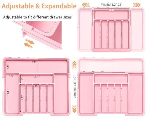 Spaclear Silverware Organizer Expandable Kitchen Utensil Drawer Organizer Large BPA Free Adjustable Cutlery Silverware Tray for Spoons Forks Knives Storage Divider for Kitchen Flatware 6-9 Slots Pink - color: Pink