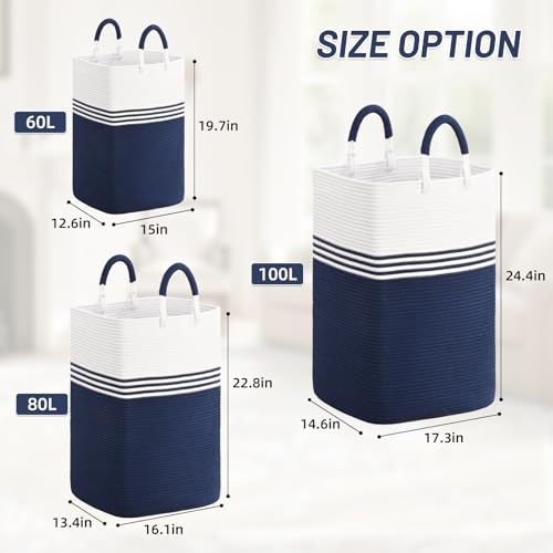 Laundry Basket Hamper,Blanket Storage,Dirty Clothes Hamper with Swivel Handles,Woven Cotton Rope Toy Baskets,Blanket Basket Living Room,Decorative Hampers for Nursery,Bedroom,White & Blue,60L - color: White & Blue, size: 60L