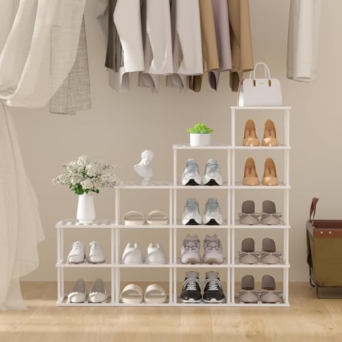 SHIISEWE White Bamboo Shoe Rack for Small Spaces 6 Tier Tall Vertical Narrow Rack - color: White