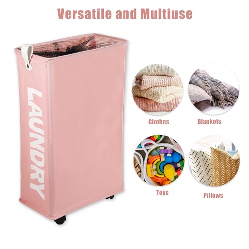 VOCOSTE Laundry Basket With Wheels, 27" Tall Rolling Laundry Basket, 55L Slim Laundry Hamper on Wheels, Narrow Laundry Hamper for Closet, Clothes Hamper with Handle for Corner Dorm, Pink