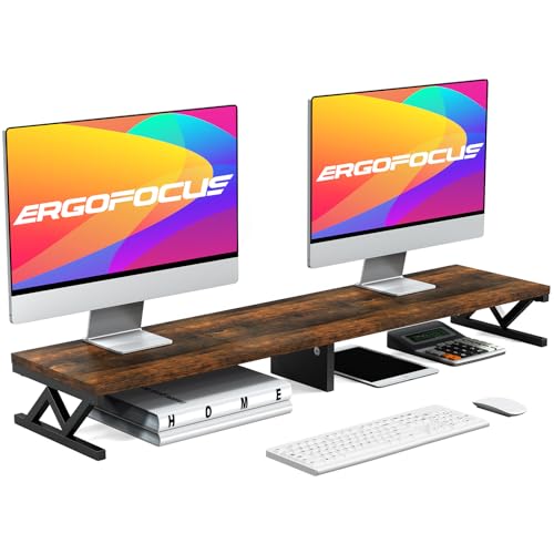 Dual Monitor Stand Riser, Large Wood Monitor Riser for 2 Monitors, Monitor Lift with Storage for Desk, Sturdy Wood&Steel Multi Screen Stand, Desktop Organizer Monitor Stand for Computer - color: Rustic Brown
