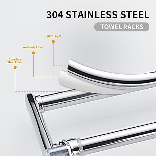 BESy 24 Inch Polished Chrome Towel Racks, Bathroom Towel Shelf with Foldable Towel Bar Holder and Towel Hooks, Wall Mounted Multifunctional Bathroom Accessories, Double Towel Bars - color: Chrome