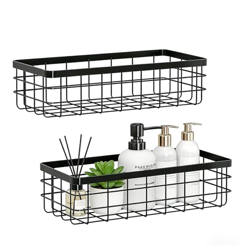 Hanging Wire Storage Baskets, Metal Small Wire Wall Organizer, Adhesive Wall Storage Shelves for Kitchen, Bathroom Pantry (Spice Rack, Cabinet Organizer, Shower Caddy) Black-2 Packs - color: Black