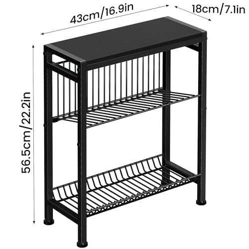 Narrow Side Table for Small Space, 3-Tier End Table with Magazine Holder, Slim Nightstand with Wire Shelf, Skinny Bedside Table in Living Room, Bedroom, Study, Kitchen and Balcony (Black) - color: Upgrade-black