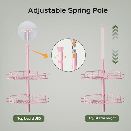 HAMITOR Corner Shower Caddy Tension Pole: 4-Tier Rust-Resistant Adjustable Bathroom Organizer Shelves - 47-121 Inch No-Drill Quick Installation - Space-Saving Storage for Renters Family - Pink - color: Pink
