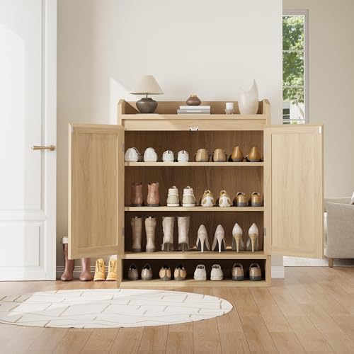 GarveeHome Modern Rattan Shoe Cabinet for Entryway, Natural Oak Wooden Shoe Storage Organizer with Doors, Adjustable Shelves Shoe Rack for Hallway, Bedroom, Living Room - color: Natural