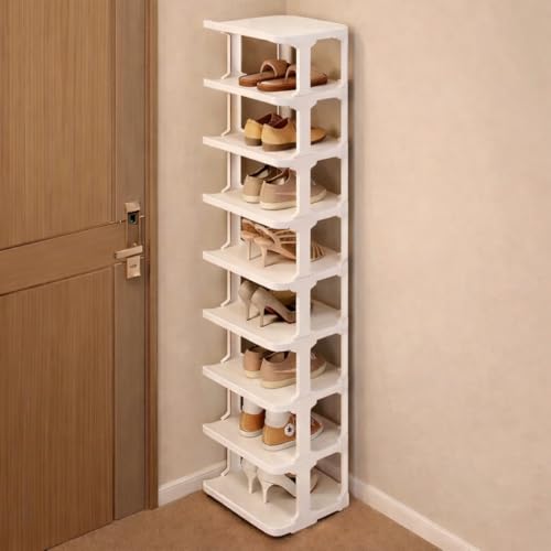 9-Tier Slim Shoe Rack, Stackable Vertical Shoe Organizer with Small Footprint, Sturdy PP Material, Space-Saving Shoe Storage for Entryway, Closet, Hallway, Apartment (White1)
