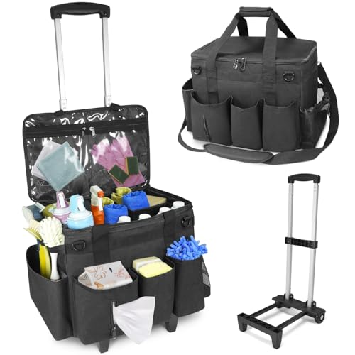 LIWSHWZ Rolling Cleaning Caddy Bag with Detachable Trolley & Lid,for Cleaning Supplies Organizer,Portable Large Cleaning Bag with Wheels for Housekeepers,with Shoulder Strap and Thickened Trailer Leg