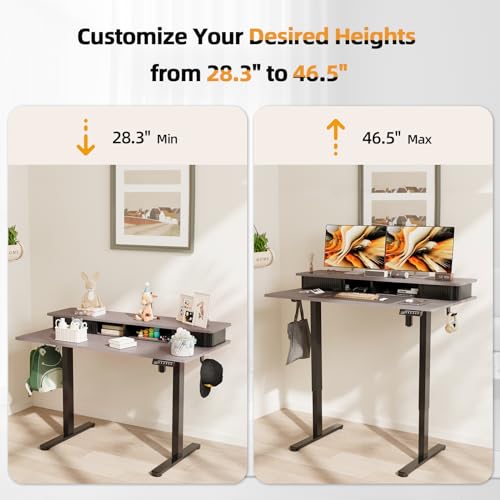 JOY worker Height Adjustable Electric Standing Desk with Storage Shelves, 48 Inch Table with Built-in Monitor Stand, Sit Stand Desk with 2 Hooks for Home Office, Grey Desktop & Black Frame - color: Grey, size: 48inch