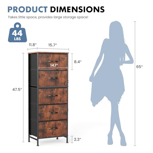 DUMOS Nightstand with 5 Drawers Bedside Table with Removable Fabric Bins Sturdy Steel Frame Wood Top Organizer Furniture for Bedroom Closet Living Room, Brown - color: Brown, size: 15.69"W x 11.8"D x 47.7"H(5 Drawers)