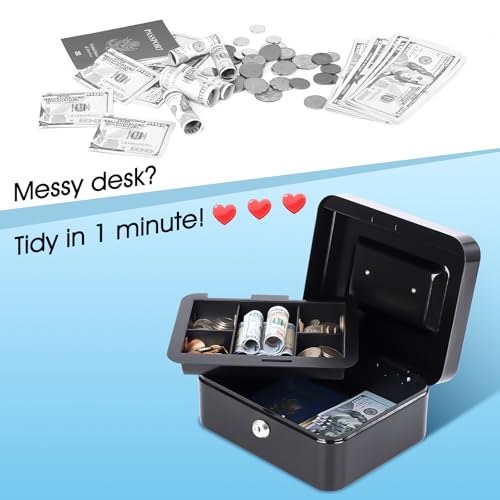KYODOLED Medium Cash Box with Removable Money Tray, Key Lock Metal Storage Box with 2 Keys & Portable Handle, Safe Cash Drawer, 7.87"x 6.30"x 3.54", Black - color: Black, size: Medium