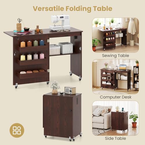 Giantex Folding Sewing Table with Storage, 3 Side Trays & Open Shelf, Built-in Charging Station, Mobile Craft Desk with Lockable Wheels, Space-Saving Sewing Machine Table for Home, Dorms, Espresso - color: Espresso