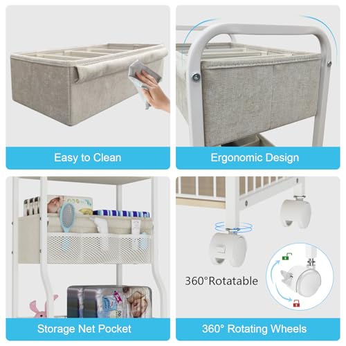 3-tier Baby Diaper Caddy Organizer and Storage Cart with 4+3 Dividers, Metal Utility Cart with Lockable Wheels for Nursery, Bedroom, Bathroom, White - color: White