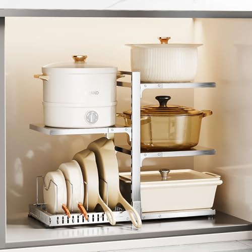 PureBox Pots and Pans Organizer Rack with Lid Holder – 8 pots, 304 Solid Stainless Steel Shelves Heavy Duty Adjustable Under Cabinet Pot Rack, Double-Sided Cabinet Organizer, Holds 100Lbs, Silver - color: Silver