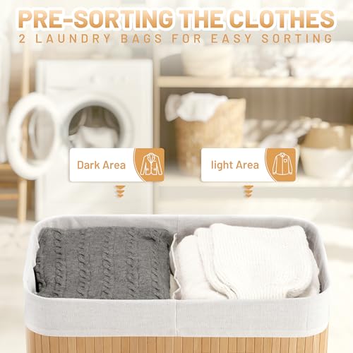 Aliphon 100L Laundry Hamper with lid, 2-Section Clothes Laundry Basket with Handles, Large Collapsible Bamboo Baskets for Bedroom, Bathroom, Dorm, Natural Beige - color: Natural Beige, size: 100L