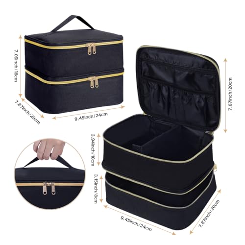 Double Layer Makeup Bag Portable Large Cosmetic Case Organizer with Adjustable Dividers Storage Travel Bag for Accessories Brushes Conditioner and Skin Care Products (Black) - color: Black