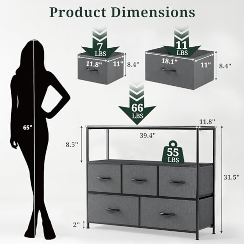 TV Stand, 5 Fabric Drawers Dresser Entertainment Center for TV up to 45 inch Wooden Media Console Table Storage Organizer with Open Shelf, for Living Room, Bedroom, or Small Space, Gray - color: Grey, size: 5 Drawers