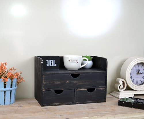 Vintage Rustic Wooden 3 Drawer with Shelf Office Desk Organizer & Mail Rack For Desktop,makeup holder Box for Office Home Toiletries Supplies Vanity, No Assembly Required (Rustic Black) - color: Wood
