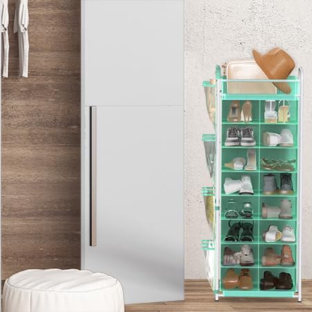 Simple Houseware 16 Cube Shoe Stand Tower Rack 8 Tier with Top Shelf and Side Hanging Pockets, Turquoise - color: Turquoise
