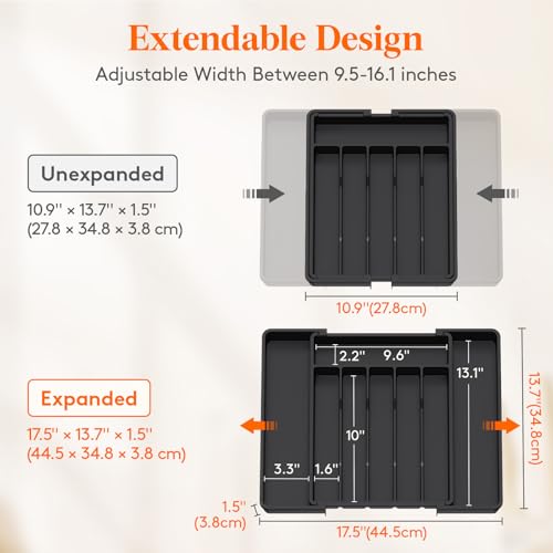 Lifewit Silverware Drawer Organizer, Expandable Utensil Tray for Kitchen, BPA Free Flatware and Cutlery Holder, Adjustable Plastic Storage for Spoons Forks Knives, 11-18 x 14", Black - color: Black, size: Large (11-18''W x 14''D)
