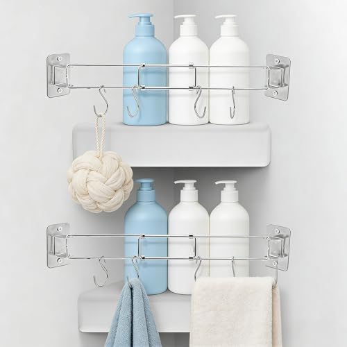 Tlswshsy 2 pack RV Shower Corner Storage Bar - RV Bathroom Organization with S-Hooks - Adjustable Stainless Steel Rod for Corner Shelves in Camper,RV,Travel Trailer (2)
