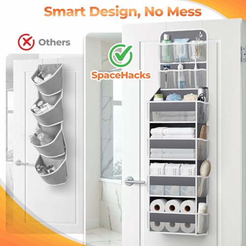 SpaceHacks 6-Tier Over the Door Organizer with Mesh Pockets, Baby Nursery Storage for Closet, Bathroom and Bedroom, Adjustable Hanging Closet Organizer for Cosmetics, Books and Essentials (Dark Grey) - color: Dark Grey, size: 6-Tier