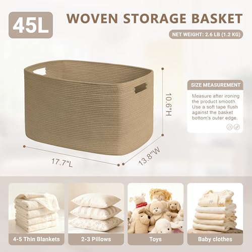 45L Small Wicker Laundry Basket for Living Room Storage,Cute Boho Woven Cotton Rope Baskets for Kids Toy,Gifts,Square Blanket Hamper for Bedroom Dirty Clothes,Jute - color: Jute, size: 45L