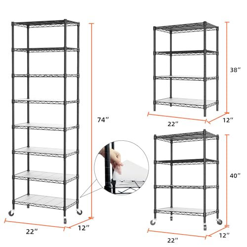 SINGAYE 8 Tier Shelf Organizer Storage Metal Shelves Garage Wire Shelving Unit Pantry Rack Adjustable Standing Storage for Kitchen Closet Laundry Bathroom Pantry 12" D x 22" W x 74" H Black - color: Black, size: 8Tier/12"D X 22"W X 74"H