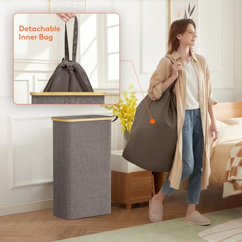 Lifewit 65L Slim Laundry Hamper with Lid, Narrow Laundry Basket with Removable Bag & Bamboo Handles, Fodable Thin Dirty Clothes Hamper for Laundry Collapsible Bin for Bathroom Bedroom Dorm, Brown - color: Brown, size: 65L