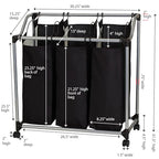 Household Essentials Triple Laundry Sorter with Wheels, Tapered Metal Frame, Removable Polyester Bags, Ventilated, Smooth Rolling Casters, Great for Sorting Laundry Large