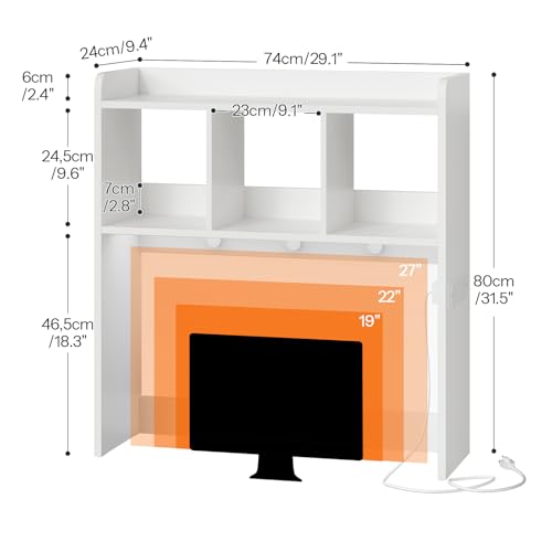 HOOBRO Desktop Bookshelf, Office Desktop Shelf, Desk Hutch with Outlets, Wooden Office Desktop Bookcase, Desktop Organizer Shelf with LED Light Strip and 3 Hooks, for Home, Study, White WT12UDSJ01 - color: White