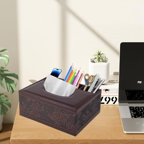 Tissue Box Cover Rectangle Retro Tissue Box Holder PU Leather Facial Tissues Organizer,Multifunctional Remote Control Stationery Storage Box,Home Office Supplies Car Napkin Caddy - color: Multifunctional Tissue Box-retro