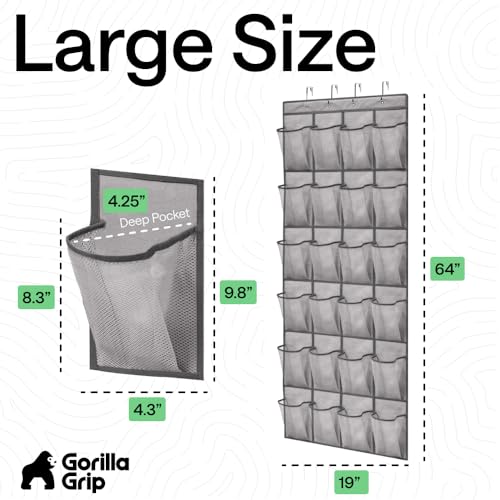 GORILLA GRIP Over the Door Shoe Organizer, 24 Large Breathable Mesh Pockets, Space Saving Hanging Storage Holder, Closet Rack Hanger Holds Up to 40 lbs, Hangs on Closets for Shoes, Accessories, Grey - color: Grey, size: 24 Pockets/4 Hooks