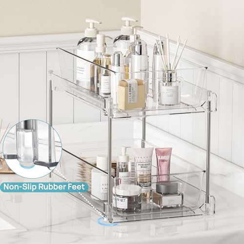 Vtopmart 6 Pack Bathroom Organizer, 2 Tier Clear Under Sink Organizers Vanity Countertop Storage Container,Cabinet Drawers Bins, Pull-Out Organization with Track for Pantry, Kitchen - color: Transparent, size: S-Standard (6 Pack)