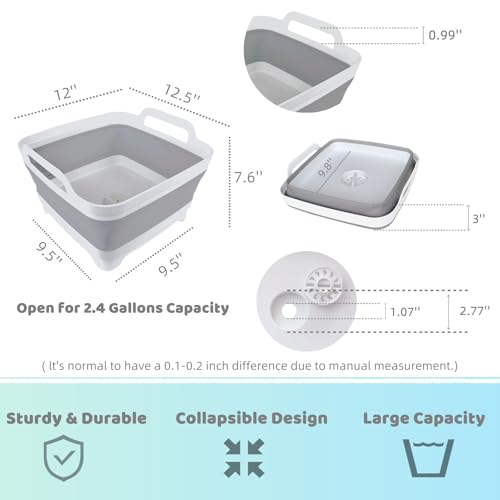 GIMWA Collapsible Wash Basin with Drain Plug - 2.4 Gallon Foldable Kitchen Sink for Baby Bottles, RV Camping, Space-Saving Dish Tub (Gray-Gray) - color: Gray-gray