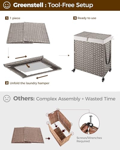 Greenstell Laundry Hamper with Wheels, No Install Needed, 110L Divided Handwoven Hampers & 2 Removable Liner Bags, Rattan Clothes Laundry Basket with Lid & Handles, Foldable Hampers Gray 22x13x26.4 In - color: Gray, size: 110L: 22.0x13.5x26.4 Inches