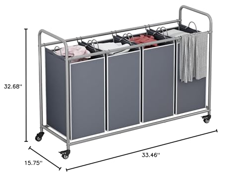 Laundry Basket, 4-Bag Laundry Hamper, Grey Laundry Sorter with Heavy Duty Lockable Rolling Wheels, Laundry Room Organization with Removable Bags Basket Separator for Dirty Clothes Storage - size: 4 Bags Grey