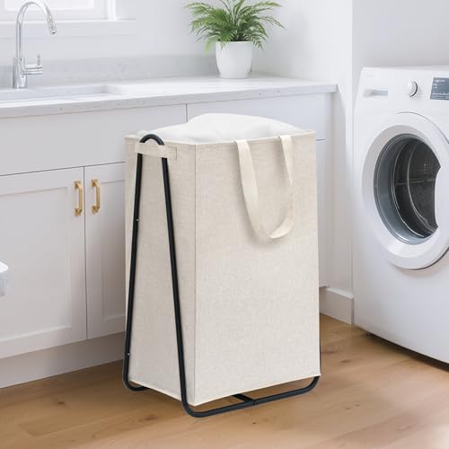 STORAGE MANIAC Laundry Hamper with Metal Rack, Large Laundry Basket with Triangle Frame, Collapsible Dirty Clothes Hamper with Handles for Dorm, College, Small Space, Closet, Bedroom, Beige - color: Beige